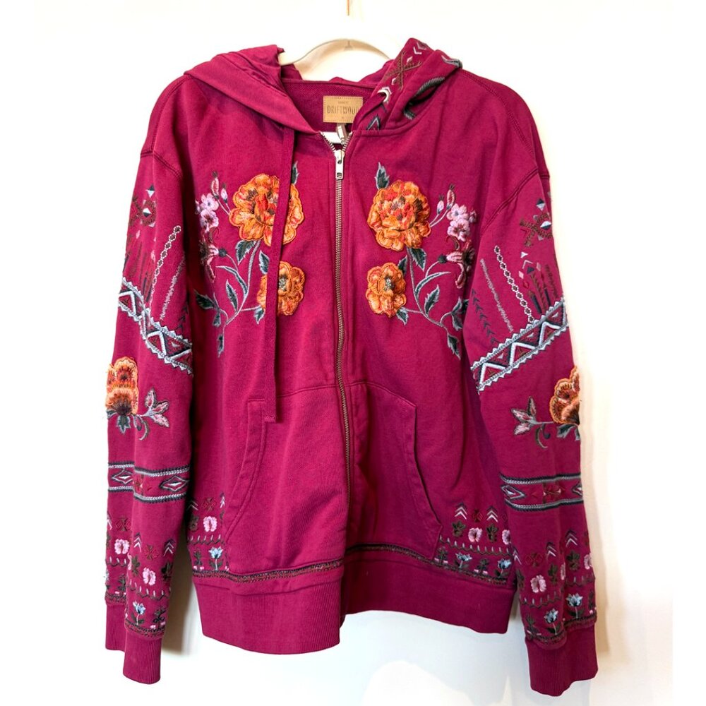 Sundance Driftwood “Teddy Hoodie” Embroidered Sweater- Magenta